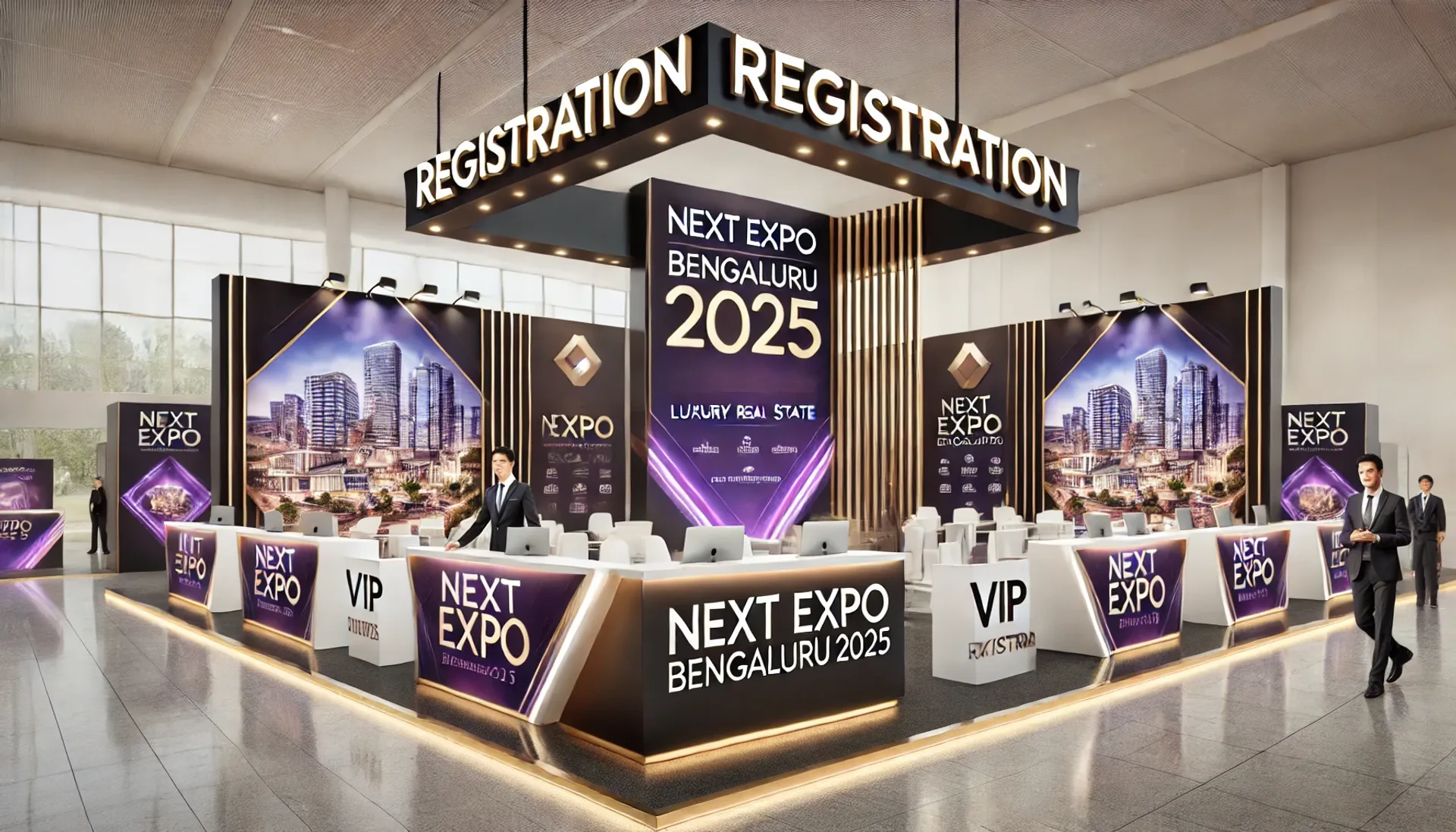 DALL·E 2024-12-05 15.31.26 - A professional and sleek registration booth design for NEXT EXPO Bengaluru 2025. The booth features a modern layout with a purple and gold theme to ma-w4itr8.webp